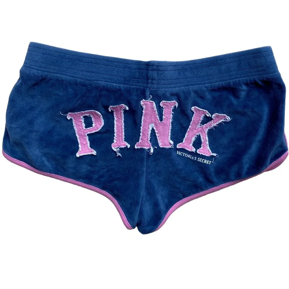 Vintage Victoria's Secret True Pink Love Velour Navy Pink Y2K Lounge Shorts-XS